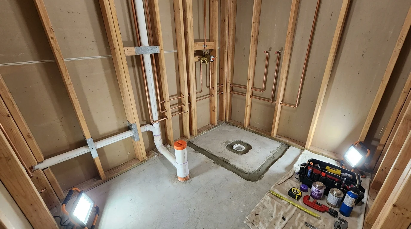 Bathroom rough-in plumbing during remodel by Johns Plumbing LLC in Central City