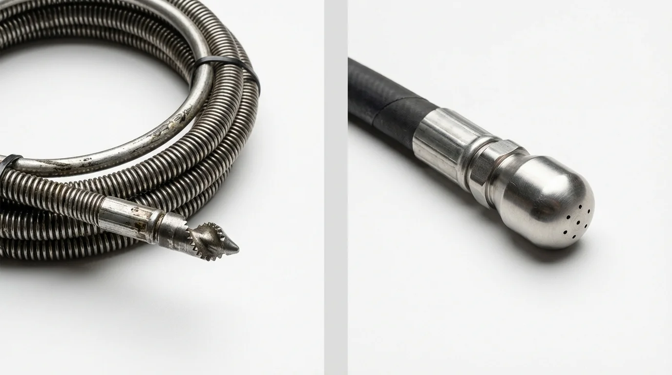Drain snake cable and hydro jetting nozzle used for drain cleaning in Central City, IA