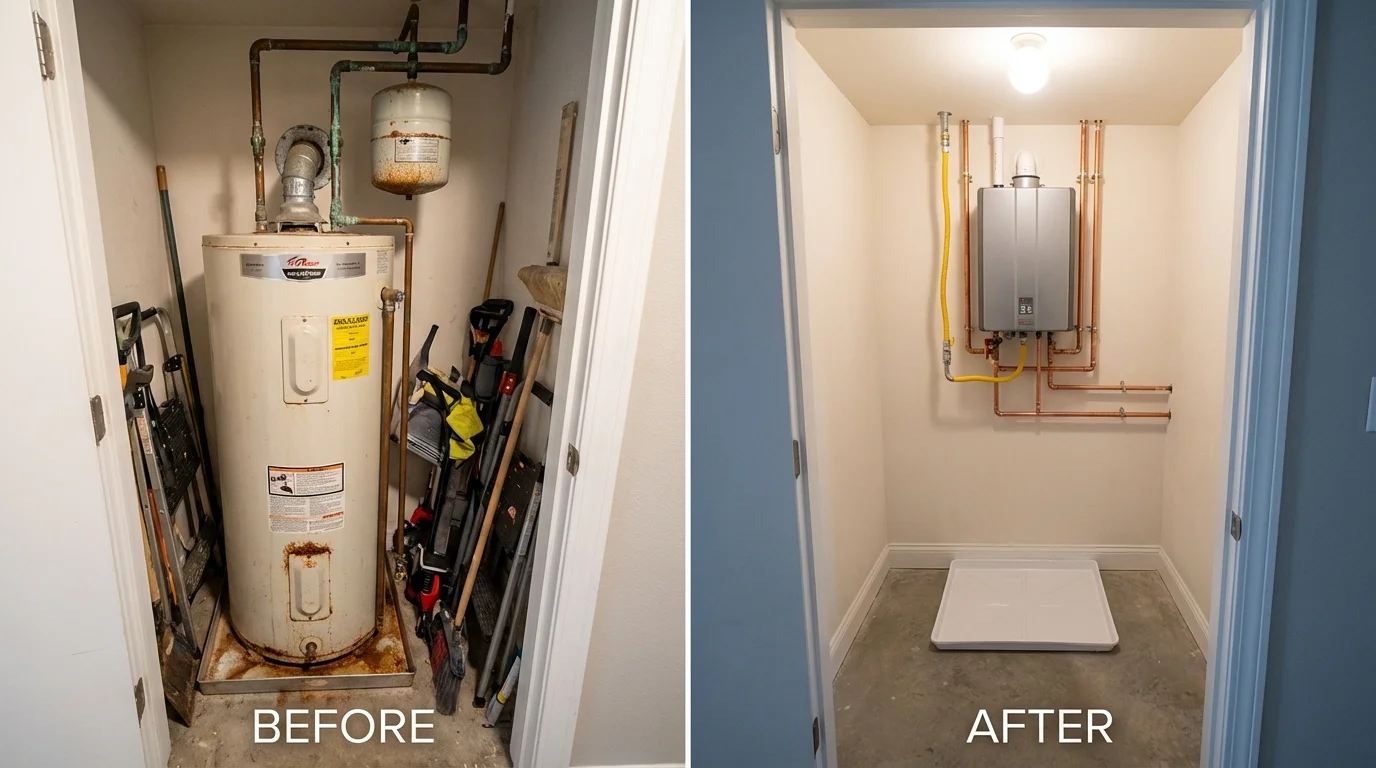 Tank water heater versus wall-mounted tankless unit comparison for Central City, IA homeowners