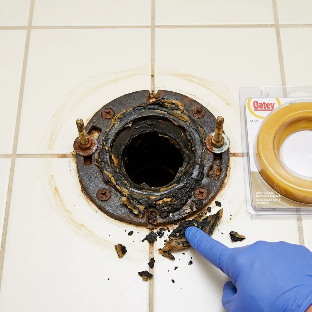 Failed wax ring showing water seepage at the base of a toilet in a Central City, IA home