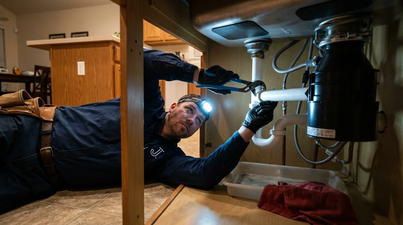 P-trap and supply line connections under a kitchen sink showing a common leak point in Central City, IA